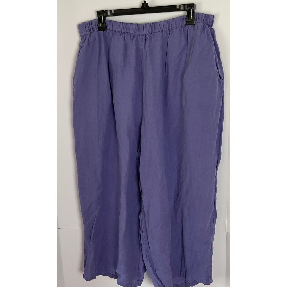 Flax by Jeanne Engelhart Purple 100% Linen Wide Leg Pants Elastic Waist Sz 2G